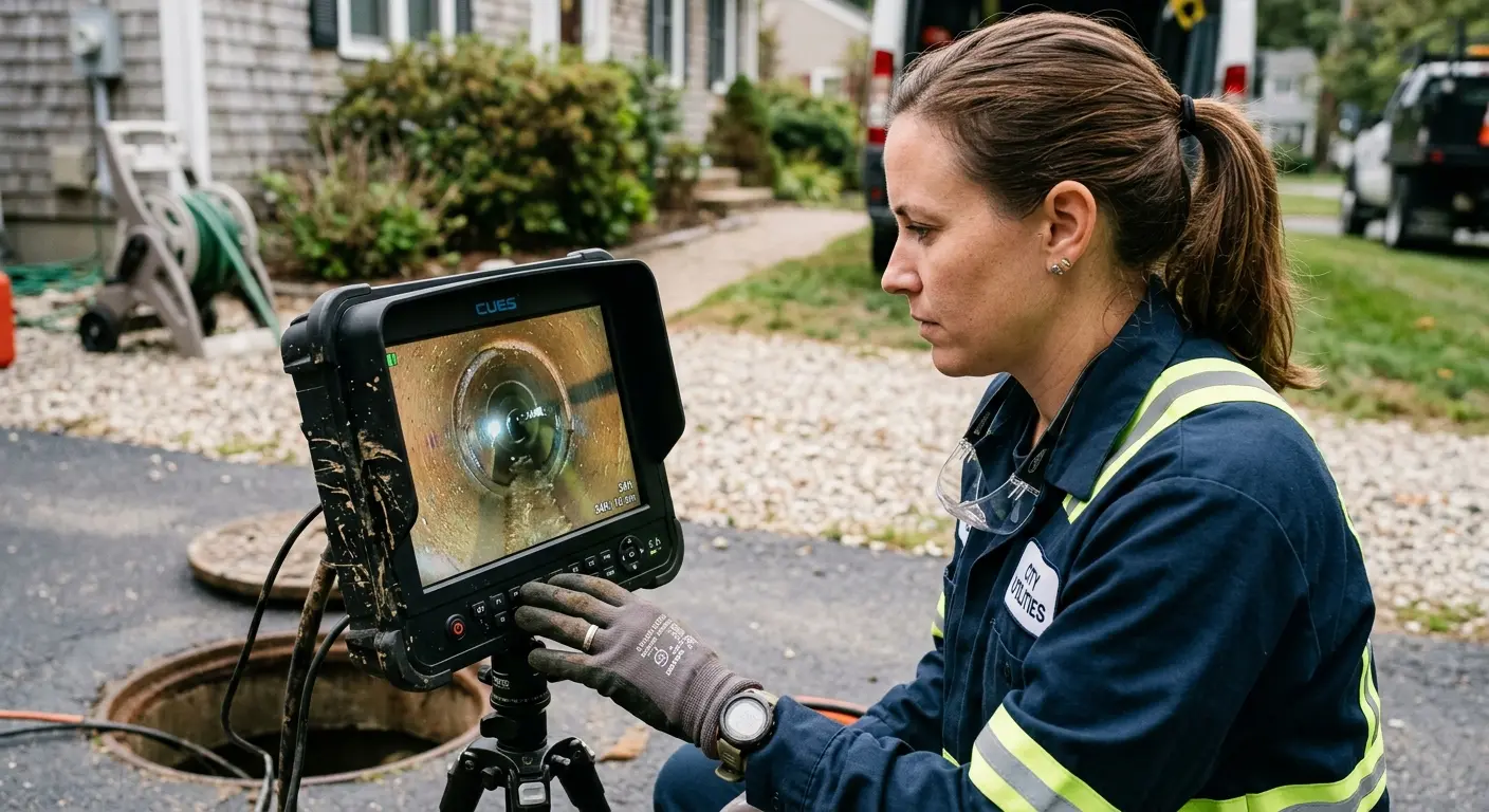 Technician reviewing sewer camera inspection footage in Oxon Hill