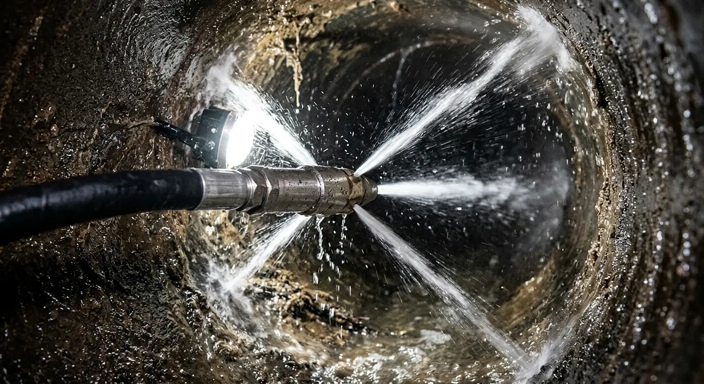 High-pressure hydro jetting nozzle cleaning sewer pipe for Trenchless Sewer Repair in Oxon Hill