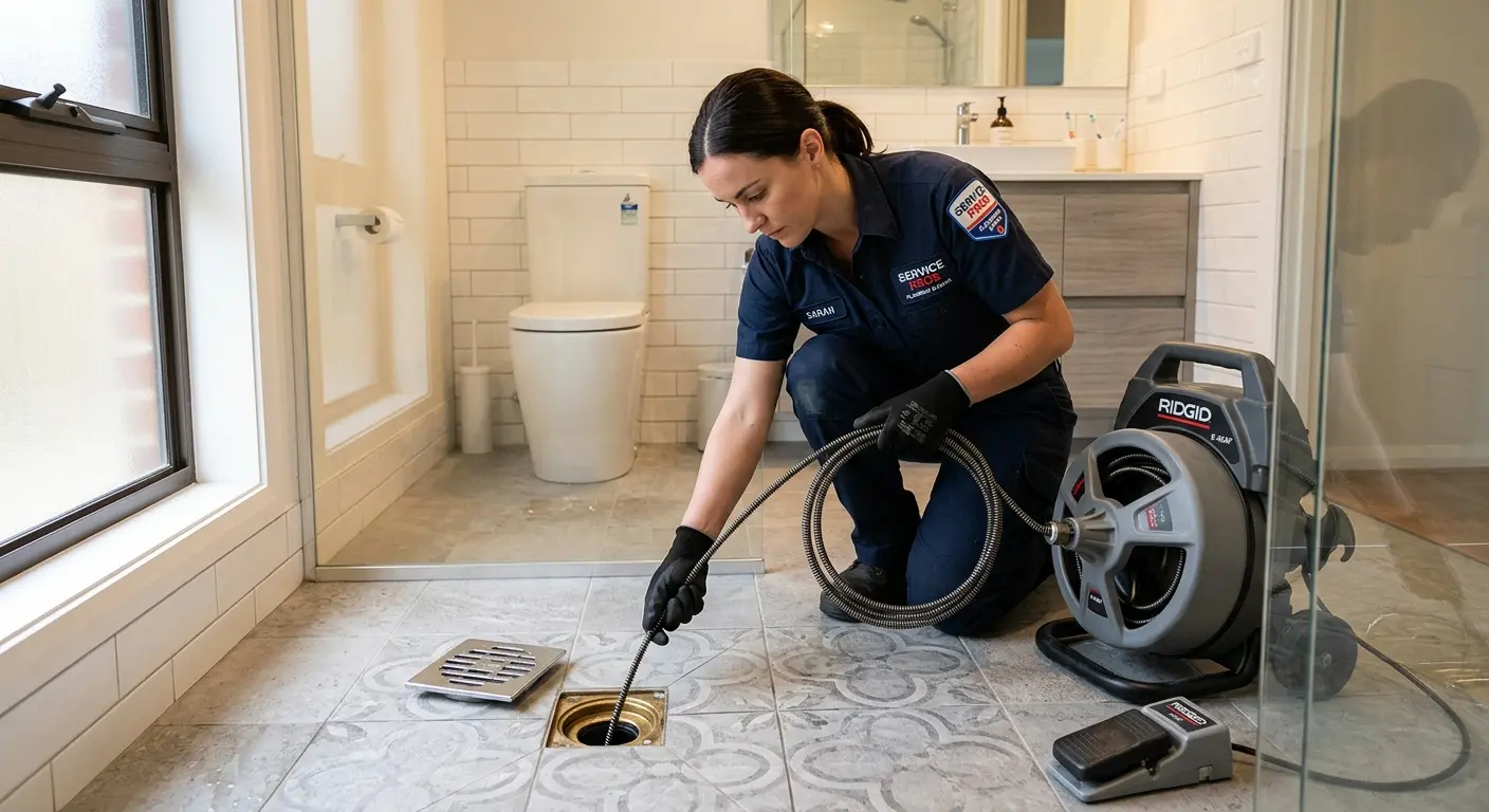 Technician clearing a bathroom floor drain for Sewer Line Installation in Oxon Hill